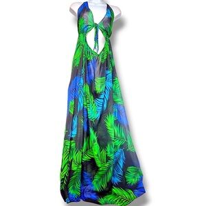 Sheer Blue Green Tropical Print Halter Neck Tie Maxi Cover-Up  Backless
